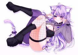  ahoge alternate_hair_length_(longer) animal_ear_fluff animal_ears asymmetrical_legwear bespectacled black_jacket breasts cat_ears cat_girl cat_tail cleavage closed_mouth clothing_cutout collarbone commentary crop_top female glasses heart_cutout highres hololive jacket large_breasts long_hair looking_at_viewer nekomata_okayu nekomata_okayu_(gyaru) official_alternate_costume official_alternate_hairstyle pantyhose purple_eyes purple_hair purple_pantyhose reianly shorts simple_background single_leg_pantyhose smile solo tail tail_scrunchie torn_clothes torn_shorts very_long_hair virtual_youtuber white_background white_shorts 