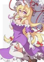  absurdres ayuyu_yuka03 blonde_hair boots bow breasts brown_boots cleavage commentary dress female frilled_dress frills gloves hairbow hat highres holding holding_umbrella long_hair mob_cap off-shoulder_dress off_shoulder purple_dress purple_eyes red_bow simple_background smile solo thigh_bow thigh_strap thighhighs touhou umbrella white_background white_gloves white_hat white_thighhighs yakumo_yukari 