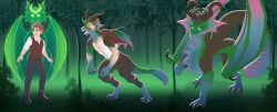  blizzard_entertainment claws clothed clothing crown digital_drawing_(artwork) digital_media_(artwork) dragon female feral forest glowing green_glow headgear hi_res horn human magic male mammal merithra multiple_forms mythological_creature mythological_scalie mythology plant scalie sequence sjevi tail torn_clothing transformation tree warcraft wings 