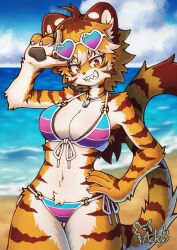  2026 4_fingers absurd_res acky05 anthro arm_tuft beach bikini breasts clothing collarbone dog_tags elbow_tuft eyebrows eyelashes eyewear eyewear_on_head felid female fingers front-tie_bikini fur gloves_(marking) hair hand_on_hip heart_sunglasses hi_res jewelry mammal markings navel necklace orange_body orange_eyes orange_fur orange_hair pantherine pattern_bikini pattern_clothing pattern_swimwear shoulder_tuft side-tie_bikini smile solo string_bikini striped_bikini striped_body striped_clothing striped_fur striped_swimwear stripes sunglasses sunglasses_on_head swimwear thigh_gap tiger tuft two-piece_swimsuit wearing_sunglasses white_body white_fur 