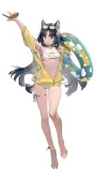  absurdres alternate_costume animal_ears ankle_scrunchie arknights arm_up armpits barefoot bikini black_hair breasts brown_eyes chinese_commentary collarbone commentary_request dog_ears dog_girl dog_tail eyepatch_bikini eyewear_on_head facial_mark feet female food forehead_mark full_body highres holding holding_food holding_swim_ring innertube jacket liduke linea_alba long_hair looking_at_viewer navel parted_bangs pouch saga_(arknights) scrunchie see-through_clothes see-through_jacket simple_background small_breasts solo sunglasses swim_ring swimsuit swimsuit_cover-up tail takoyaki thigh_pouch thigh_strap third-party_source toes toothpick underboob waifu2x white_background white_bikini yellow_jacket 