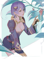  absurdres armor armored_dress belt bernadetta_von_varley bernadetta_von_varley_(timeskip) breasts carnivorous_plant chinese_commentary cleavage closed_mouth commentary_request dress earrings female fire_emblem fire_emblem:_three_houses gloves hair_between_eyes hair_ornament hair_ribbon highres jewelry leaf lips long_sleeves medium_breasts mixed-language_commentary pink_lips plant purple_dress purple_eyes purple_hair ribbon shenye_yuu short_hair shoulder_armor smile solo yellow_gloves 