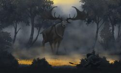  2022 absurd_res birch cervine clearing deer digital_media_(artwork) digital_painting_(artwork) duo feral fog forest grass hi_res huge_antlers human hunting irish_elk male mammal megaloceros melee_weapon nature outside painting_(artwork) paleopete plant polearm prehistoric_species quadruped short_fur spear stalking tree weapon 