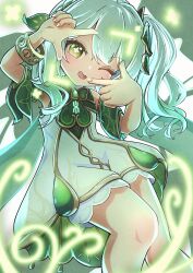  absurdres barurun_pen bloomers bracelet braid breasts commentary cross-shaped_pupils dress female fingernails genshin_impact gold_bracelet green_eyes green_hair hair_between_eyes hair_intakes hair_ornament hand_up highres jewelry leaf_hair_ornament long_hair looking_at_viewer multicolored_hair nahida_(genshin_impact) pointy_ears short_sleeves side_ponytail sleeveless sleeveless_dress small_breasts smile solo streaked_hair symbol-shaped_pupils white_dress white_hair 