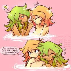  2girls ^_^ absurdres blonde_hair closed_eyes collarbone commentary critinikaqwq green_hair gumi heart highres kagamine_rin looking_at_another multiple_girls partially_submerged smile soap_bubbles speech_bubble spoken_heart tan thought_bubble untranslatable_commentary vocaloid water yuri 