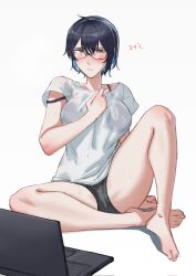  bare_legs barefoot bikini bikini_under_clothes black_hair blush breasts celsius commentary computer dangodes english_commentary female glasses green_eyes highres laptop large_breasts multicolored_hair original shirt simple_background strap_slip sweat swimsuit teeth thighs two-tone_hair white_background 