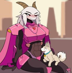  absurd_res anthro armor blush canid canine canis city collar domestic_dog duo ear_piercing ears_down eyebrows eyelashes female feral fur gorgonwriting hi_res horn looking_down male mammal outside piercing pivoted_ears red_eyes sitting sitting_on_another sky white_body white_fur 