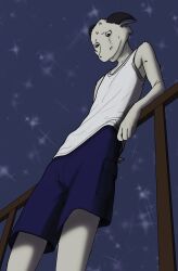  2_horns anthro biped black_eyes black_horn blue_bottomwear blue_clothing blue_shorts bottomwear bovid caprine clothed clothed_anthro clothed_male clothing curved_horn fully_clothed fully_clothed_anthro fully_clothed_male fur goat henry_goatett(ldah) hi_res horn leaning leaning_backward leaning_on_railing looking_down low-angle_view male male_anthro mammal night outside pink_inner_ear pose shirt short_tail shorts skinny skinny_anthro skinny_male smile solo standing star tail tank_top topwear vdrebi white_body white_clothing white_ears white_fur white_shirt white_tail white_tank_top white_topwear 