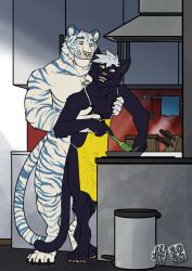  2024 anthro apron black_body black_fur closed_smile clothing cooking dated domestic_cat duo facial_markings fangs felid feline felis fur green_eyes hair head_markings hi_res hufnaar hug hugging_another hugging_from_behind inside male male_anthro mammal markings mouth_closed muscular muscular_anthro muscular_male nude open_mouth open_smile pantherine pink_nose pink_tongue pupils short_hair slim_anthro slim_male slit_pupils smile standing striped_arms striped_body striped_face striped_fur striped_legs striped_markings striped_tail stripes tail tail_markings teeth tiger tongue whiskers white_body white_fur white_hair yellow_apron yellow_clothing yellow_eyes 