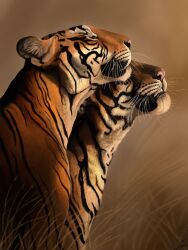  2021 3:4 agustindiazart ambiguous_gender black_stripes duo felid feral fur grass hi_res mammal nature orange_body orange_fur outside painting_(artwork) pantherine pink_nose plant quadruped realistic realistic_feral savanna stripes tiger whisker_spots whiskers white_cheeks white_chest white_neck white_whiskers 