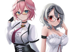  2girls absurdres adjusting_eyewear bare_shoulders bespectacled black-framed_eyewear black_choker black_gloves black_hairband black_streaks blue_eyes blush bob_cut breast_zipper breasts camisole choker cleavage closed_mouth commentary_request double-parted_bangs fingerless_gloves frilled_camisole frills glasses gloves grey_hair hair_between_eyes hair_ornament hairband hand_up highres hololive large_breasts looking_at_viewer medium_hair multicolored_hair multiple_girls necktie parted_lips pink_hair ramkilog red-framed_eyewear red_eyes red_necktie sakamata_chloe sakamata_chloe_(1st_costume) semi-rimless_eyewear shirt short_hair simple_background smile streaked_hair sunglasses takane_lui takane_lui_(1st_costume) tinted_eyewear under-rim_eyewear upper_body v-shaped_eyebrows virtual_youtuber white_background white_camisole white_shirt x_hair_ornament yellow-tinted_eyewear zipper 