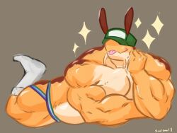  4:3 anthro belly big_muscles biped clothing footwear gastropod hal_shellby_(entitropy) hat headgear headwear hi_res human lgbt_pride lying male male_human mammal mollusk muscular on_front pecs pride_colors simple_background slumberingsomni snail socks solo sparkles underwear vincian_pride_colors yellow_body 