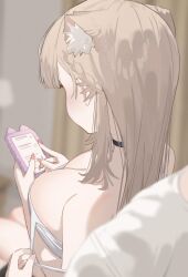  1boy animal_ears bare_shoulders black_choker blonde_hair blurry blurry_background blush braid breasts brown_hair cat_ears cat_girl choker cleavage commentary_request downblouse female from_above from_behind half_up_braid highres holding holding_phone large_breasts long_hair looking_at_phone mayu_shirasaki original phone pink_nails shirt sitting sitting_on_lap sitting_on_person sleeveless sleeveless_shirt solo_focus sorotu spaghetti_strap straight_hair undressing_another white_shirt 