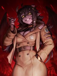  absurdres ahoge belt bracelet breasts broken_horn cigarette cleavage coat collar colored_skin commentary cowboy_shot double-parted_bangs english_commentary female gargoyle grey_hair grey_skin grin highres holding holding_cigarette horns indie_virtual_youtuber jax_(vtuber) jewelry large_breasts long_hair numanoan red_background second-party_source smile spiked_collar spikes trench_coat virtual_youtuber wings yellow_eyes 