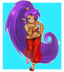  absurdres arabian_clothes bandeau bare_shoulders big_hair blowing_kiss blue_eyes blush bracer breasts choker collarbone commentary dark-skinned_female dark_skin earrings female full_body harem_pants heart highres hoop_earrings jewelry kanoir large_breasts long_hair looking_at_viewer medium_breasts navel o-ring o-ring_top one_eye_closed pants parted_lips pointy_ears pointy_shoes ponytail purple_hair red_bandeau red_shoes shantae shantae_(series) shoes solo tiara very_long_hair 