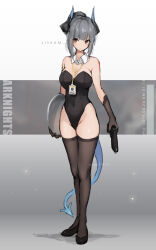  arknights asicah bare_shoulders black_gloves black_leotard black_shoes black_thighhighs breasts brown_eyes character_name cleavage collar commentary covered_navel detached_collar dragon_girl dragon_horns dragon_tail elbow_gloves female full_body glock gloves grey_hair gun hair_bun handgun high_heels highleg highleg_leotard holding holding_gun holding_tray holding_weapon horns id_card lanyard large_breasts leotard liskarm_(arknights) looking_at_viewer nontraditional_playboy_bunny playboy_bunny ponytail shoes single_hair_bun solo standing strapless strapless_leotard tail thighhighs tray trigger_discipline typo weapon white_collar yellow_eyes 