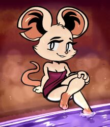  2026 anthro baebot barefoot blush breasts cleavage clothed clothing daww feet female fur hi_res mammal mina_(mina_the_hollower) mina_the_hollower mouse murid murine notched_ear nude rodent smile solo towel towel_only water wet white_body white_fur yacht_club_games 