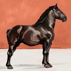  1:1 2024 agustindiazart ambiguous_gender black_hair bridle brown_body brown_fur feral fur hair hi_res percheron quadruped short_fur side_view solo standing 
