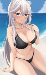  absurdres ahoge animal_ear_piercing animal_ears arm_support beach bikini black_bikini blue_sky blush breasts cleavage closed_mouth cloud collarbone commentary_request cowboy_shot day female grey_eyes grey_hair hair_between_eyes highres hololive large_breasts lion_ears lion_girl long_hair looking_at_viewer navel ocean outdoors ramkilog shishiro_botan sitting sky solo strap_pull swimsuit thighs tongue tongue_out very_long_hair virtual_youtuber 