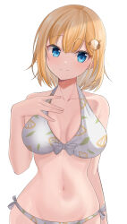  absurdres bikini blonde_hair blue_eyes blush breasts breasts_apart closed_mouth collarbone commentary_request cowboy_shot female front-tie_bikini_top front-tie_top hair_ornament hand_on_own_chest highres hololive hololive_english large_breasts looking_at_viewer navel print_bikini ramkilog short_hair side-tie_bikini_bottom simple_background smile solo stomach swimsuit virtual_youtuber watson_amelia white_background white_bikini 