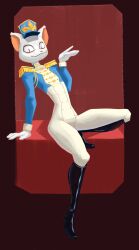  bleating_dip boots clothing felid feline footwear fur gold_(metal) hat headgear headwear hi_res latex male male/male mammal parade_outfit red_background shaded shoes simple_background smile solo white_body white_fur 