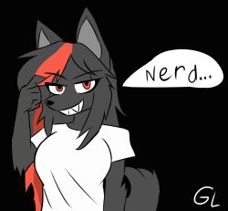  absurd_res anthro clothing dialogue ears_up eyebrows female freya_(gorgonwriting) fur gorgonwriting grey_body grey_fur grey_hair hair hi_res looking_at_viewer red_eyes red_hair shirt smile smiling_at_viewer solo speech_bubble tail teeth teeth_showing topwear white_clothing white_shirt white_topwear 