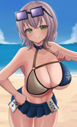  absurdres beach bikini bikini_skirt black-framed_eyewear blue-tinted_eyewear blue_bikini blue_sky blush breasts cleavage closed_mouth cloud collarbone commentary_request cowboy_shot crossed_bangs day eyewear_on_head female green_eyes grey_bikini grey_hair hair_between_eyes hand_on_own_hip hand_up highres hololive large_breasts looking_at_viewer multicolored_bikini navel ocean official_alternate_costume outdoors ramkilog shirogane_noel shirogane_noel_(summer_2020) short_hair sky smile solo sunglasses swimsuit thighs tinted_eyewear two-tone_bikini virtual_youtuber 