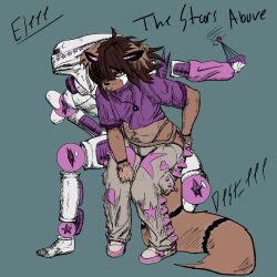 1:1 absurd_res anthro big_tail bottomwear canid canid_demon cargo_pants clothing crop_top demon dest_eee_(artist) eleee_(character) femboy footwear fur furgonomics hi_res humanoid jojo's_bizarre_adventure jojo_pose male mammal markings pandorian_trapdog_(species) pants pink_clothing purple_clothing shirt shoes slightly_chubby solo stand_(jjba) star star_(marking) tail tan_body tan_clothing tan_fur topwear wide_hips 