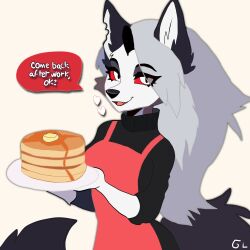  1:1 anthro apron clothing dialogue ears_up female food fur gorgonwriting hair heart_symbol hellaverse helluva_boss hi_res looking_at_viewer loona_(helluva_boss) pancake plate red_eyes shirt smile smiling_at_viewer solo speech_bubble syrup tail topwear 