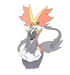  2026 accessory anthro apron arm_tuft blush blush_lines bow_(feature) bow_ribbon breasts cheek_tuft clothing digital_drawing_(artwork) digital_media_(artwork) dress facial_tuft female female_anthro fur generation_9_pokemon grey_body grey_fur hair_accessory hair_ribbon hairbow hi_res huge_ears inner_ear_fluff kickhopper123 looking_at_viewer maid_uniform medium_breasts mega_delphox mega_evolution multicolored_body multicolored_fur nintendo orange_body orange_fur pointy_ears pokemon pokemon_(species) pseudo_clothing red_eyes ribbons shoulder_tuft slim_anthro slim_female small_waist smile solo tail topwear tuft uniform white_body white_fur yellow_body yellow_fur 
