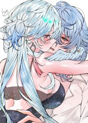 1boy armpits artist_name black_bra black_dress blue_eyes blue_hair blush bra breasts collared_shirt commentary dress earrings female head_wings highres honkai:_star_rail honkai_(series) jewelry kissing large_breasts long_hair looking_at_another open_mouth orange_eyes sanya_(sanya_lox228) see-through_bra see-through_clothes shirt simple_background sleeveless sleeveless_dress straight sunday_(honkai:_star_rail) sweat tassel tassel_earrings underwear untranslatable_commentary white_background white_shirt wings yao_guang_(honkai:_star_rail) yellow_eyes 