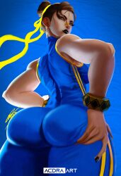  acdramon alternate_costume artist_name ass ass_focus ass_support bandaid bandaid_on_face bandaid_on_nose bare_shoulders black_lips black_nails blue_background blue_bodysuit bodysuit bracelet breasts brown_eyes brown_hair brown_lips chun-li commentary deep_skin double_bun earrings english_commentary eyeliner eyeshadow female fingernails from_behind from_below grabbing_own_ass hair_bun hair_ribbon highres huge_ass jewelry lips lipstick looking_at_viewer looking_back makeup muscular muscular_female nail_polish nose ribbon short_hair skin_tight sleeveless solo spiked_bracelet spikes street_fighter street_fighter_zero_(series) thick_thighs thighs toned unitard yellow_ribbon 