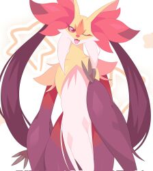  2026 anthro canid canine fangs female fox front_view fur generation_9_pokemon gesture hand_gesture hi_res inner_ear_fluff looking_at_viewer mammal mega_delphox mega_evolution nintendo one_eye_closed open_mouth orange_body orange_fur pokemon pokemon_(species) portrait purple_body purple_fur red_body red_eyes red_fur rullu_1507 smile solo star teeth three-quarter_portrait tuft v_sign white_body white_fur yellow_body yellow_fur 