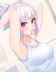 absurdres alternate_costume alternate_hairstyle armpits arms_behind_head arms_up blue_hair blunt_bangs blush breasts camisole casual closed_mouth commentary_request dutch_angle female gradient_hair grey_hair hair_tie_in_mouth highres indoors lize_helesta long_hair looking_at_viewer medium_breasts mouth_hold multicolored_hair nesumiru nijisanji notice_lines red_eyes sidelocks smile solo tying_hair virtual_youtuber white_camisole wispy_bangs 