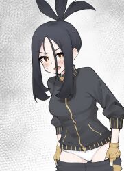  black_hair black_pants blue_jacket blush breasts clothes_pull commentary_request cowboy_shot cross_scar dendra_(pokemon) female fingerless_gloves gloves grey_background high_collar high_ponytail highres jacket long_hair long_sidelocks looking_at_viewer medium_breasts nesumiru open_mouth panties pants pants_pull pokemon pokemon_scarlet_and_violet ponytail pulling_own_clothes scar scar_on_face scar_on_forehead sidelocks small_sweatdrop solo split_ponytail three-quarter_sleeves track_jacket underwear undressing v-shaped_eyebrows white_panties yellow_eyes yellow_gloves 