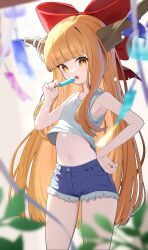  absurdres armpits bow brown_horns commentary_request cowboy_shot denim female flat_chest food hairbow hand_on_own_hip highres holding holding_food holding_popsicle horn_bow horn_ornament horn_ribbon horns ibuki_suika leaf long_hair looking_at_viewer midriff navel oeyama oni open_mouth orange_eyes orange_hair popsicle red_bow ribbon shirt shorts sleeveless solo tank_top touhou very_long_hair wind_chime 