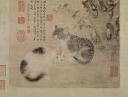  1426 15th_century ambiguous_feral ambiguous_gender ancient_art black_body black_fur calico_pattern chinese_text domestic_cat duo felid feline felis feral flower fur grey_body grey_fur hand_lick hi_res licking mammal markings painting_(artwork) paws personal_grooming plant pupils quadruped rock self_lick side_view simple_background slit_pupils standing striped_body striped_fur striped_markings striped_tail stripes tail tail_markings tan_body tan_fur text tongue tongue_out traditional_media_(artwork) traditional_painting_(artwork) whiskers white_body white_fur zhu_zhanji 
