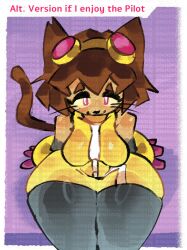  anthro berkdolg big_breasts black_nose border bottom_heavy breasts brown_body brown_fur brown_hair clothed clothing domestic_cat dress english_text eyelashes eyewear eyewear_on_head felid feline felis female fur gameoverse glitch_productions goggles goggles_on_head grey_clothing grey_legwear hair hi_res kit_bodega legwear looking_at_viewer mammal pink_eyes purple_background short_hair simple_background sitting solo text thick_thighs whiskers white_border wide_hips yellow_clothing yellow_dress 