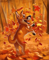  2024 alexpahomov ambiguous_gender autumn autumn_leaves black_nose black_pawpads brown_eyes canid canine canis digital_media_(artwork) digital_painting_(artwork) domestic_dog feral fur herding_dog hi_res mammal nature outside painting_(artwork) pastoral_dog pawpads plant playing quadruped solo tan_body tan_fur tree white_paws white_underside 