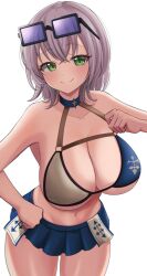 bikini bikini_skirt black-framed_eyewear blue-tinted_eyewear blue_bikini blush breasts cleavage closed_mouth collarbone commentary_request cowboy_shot crossed_bangs eyewear_on_head female green_eyes grey_bikini grey_hair hair_between_eyes hand_on_own_hip hand_up hololive large_breasts looking_at_viewer multicolored_bikini navel official_alternate_costume ramkilog shirogane_noel shirogane_noel_(summer_2020) short_hair simple_background smile solo sunglasses swimsuit thighs tinted_eyewear two-tone_bikini virtual_youtuber white_background 