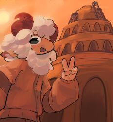  2026 4_fingers absurd_res androdraw anthro bible bovid building caprine clothed clothing construction_site cornelio_(androdraw) digital_media_(artwork) eyebrows fingers fur gesture hand_gesture hi_res horn looking_at_viewer male mammal open_mouth orange_sky outside sheep sky solo standing sun tower tower_of_babel v_sign white_body white_fur white_wool wool_(fur) 