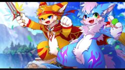  16:9 2022 4_fingers anthro blue_body blue_eyes blue_fur canid canine cape cel_shading cheek_tuft chest_tuft clothing day digital_drawing_(artwork) digital_media_(artwork) duo facial_tuft fingers fluffy fluffy_tail fox fur green_eyes heterochromia hi_res hlg7777 holding_melee_weapon holding_object holding_sword holding_weapon inner_ear_fluff kemono letterbox light looking_at_viewer male mammal melee_weapon moli60024546 multicolored_body multicolored_fur neck_tuft open_mouth open_smile orange_body orange_fur outside pawpads shaded smile soft_shading sunlight sword tail tuft wallpaper weapon white_body white_fur widescreen yellow_body yellow_fur 
