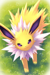  2026 2:3 ambiguous_feral ambiguous_gender black_nose closed_smile day digitigrade eeveelution feral flower fur generation_1_pokemon grass hi_res high-angle_view jolteon kemono looking_at_viewer looking_up looking_up_at_viewer mammal mane mouth_closed multicolored_body multicolored_fur nintendo outside paws plant pokemon pokemon_(species) pupils purple_eyes purple_inner_ear quadruped rumine small_nose smile smiling_at_viewer solo spiky_fur two_tone_body two_tone_fur white_body white_flower white_fur white_mane white_pupils yellow_body yellow_ears yellow_fur 