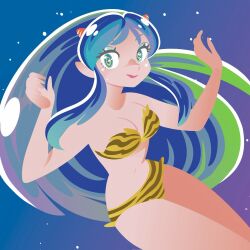  animal_print bikini blue_background blue_hair breasts commentary_request cone_horns female highres horns long_hair looking_at_viewer lum muda_rengou_to_ziggy_stardust multicolored_hair pointy_ears print_bikini sidelocks smile solo star-shaped_pupils star_(symbol) swimsuit symbol-shaped_pupils tiger_print tiger_print_bikini urusei_yatsura 
