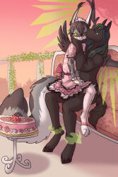  2018 anthro back_wings big_tail biped birthday_cake black_body black_bottomwear black_clothing black_fur black_hair black_pants black_shirt black_topwear blue_highlights bottomwear brown_body brown_fur cake clothed clothing countershade_face countershade_fur countershade_tail countershading crossdressing day dessert dress duo ear_tuft equid equine eyebrows eyewear feathered_wings feathers felid feline femboy fluffy fluffy_tail food fuf fur furniture glasses hair hand_on_face hi_res highlights_(coloring) hooves interspecies kissing_cheek legwear leopardus long_hair male male/male mammal mythological_creature mythological_equine mythology ocelot on_lap on_sofa one_eye_closed outside pants pegasus pink_clothing pink_dress pink_nose round_glasses shirt short_hair sitting sitting_on_lap sitting_on_sofa small_wings sofa stockings tail topwear tuft unguligrade unusual_anatomy unusual_wings wearing_glasses white_body white_clothing white_countershading white_fur white_legwear white_stockings wings 