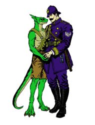  anthro baton belt black_hair blue_eyes boots claws clothing deadlock_(game) duo european_mythology facial_hair feet female footwear gorgon greek_mythology green_body hair hand_holding hi_res human key looking_at_another male male/female mammal moustache mythology overalls police police_uniform postto reptile romantic scalie shoes simple_background smile snake suspenders toe_claws traditional_media_(artwork) uniform valve vyper_(deadlock) warden_(deadlock) white_background 