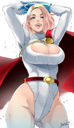  blonde_hair blue_eyes blue_gloves breasts butcha-u cape cleavage commentary_request cowboy_shot dc_comics female gloves highres large_breasts leotard power_girl red_cape short_hair signature simple_background solo white_background white_leotard 