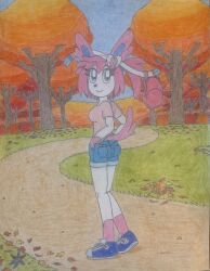  absurd_res accessory anthro autumn backpack blue_eyes bottomwear clothing denim denim_bottomwear denim_clothing denim_shorts eeveelution etrainer8192 eyelashes female footwear fur generation_6_pokemon hair hair_accessory hair_ribbon hi_res leaf looking_at_viewer nayla_(etrainer8192) nintendo pink_body pink_fur pink_hair plant pokemon pokemon_(species) ribbons shirt shoes shorts smile solo sylveon t-shirt tail topwear traditional_media_(artwork) tree white_body white_fur 