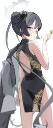 absurdres ass back_cutout black_dress black_hair blue_archive butterfly_hair_ornament china_dress chinese_clothes clothing_cutout coat commentary double_bun dragon_print dress female from_behind grey_eyes grey_halo hair_bun hair_ornament halo highres kisaki_(blue_archive) long_hair looking_at_viewer looking_back mi_kan_(1101515378) pelvic_curtain print_dress simple_background sleeveless sleeveless_dress solo striped_coat twintails vertical-striped_coat very_long_hair white_background 