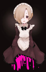  absurdres apron black_bow black_bowtie blonde_hair blood blush bow bowtie brown_background brown_dress brown_eyes colored_blood commentary_request cropped_torso dress female frilled_dress frills hair_over_one_eye highres idolmaster idolmaster_cinderella_girls long_sleeves maid maid_headdress no1shyv open_mouth pink_blood shirasaka_koume short_hair sleeves_past_fingers sleeves_past_wrists solo white_apron 